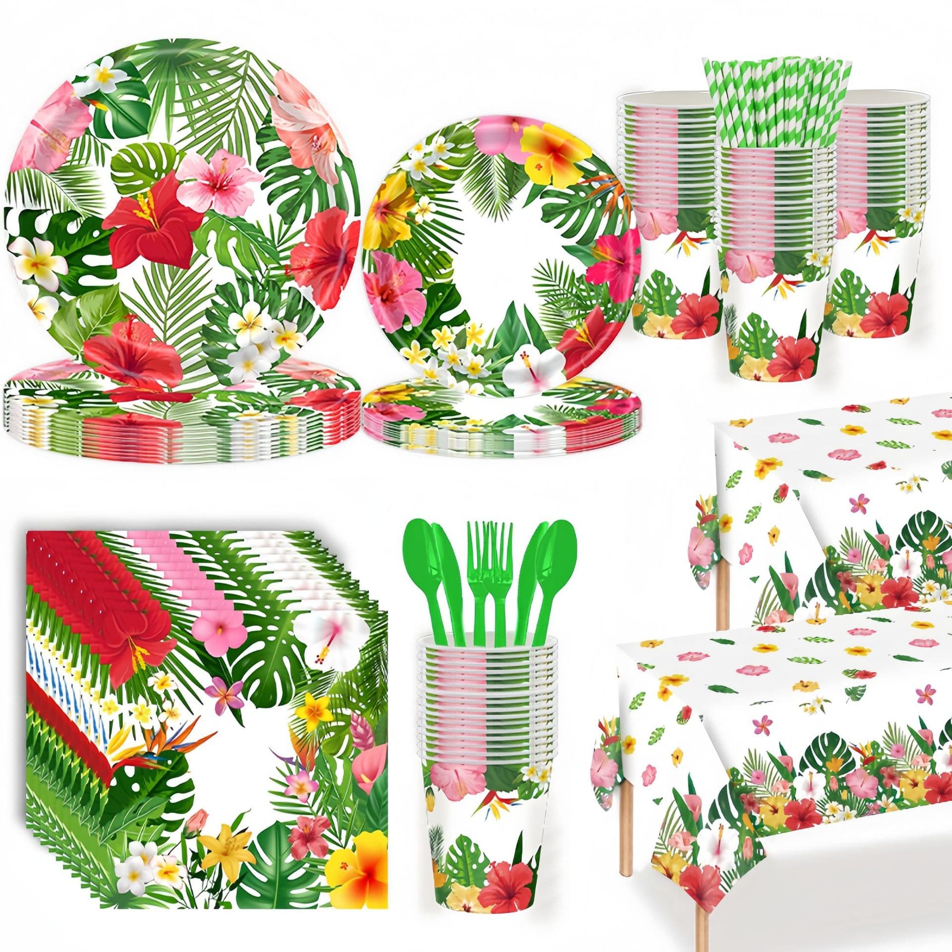 Hawaiian Hibiscus Flower Theme Party Set Hot-Selling Summer Decorations Disposable Paper Plates, Napkins, Tablecloths, and Supplies