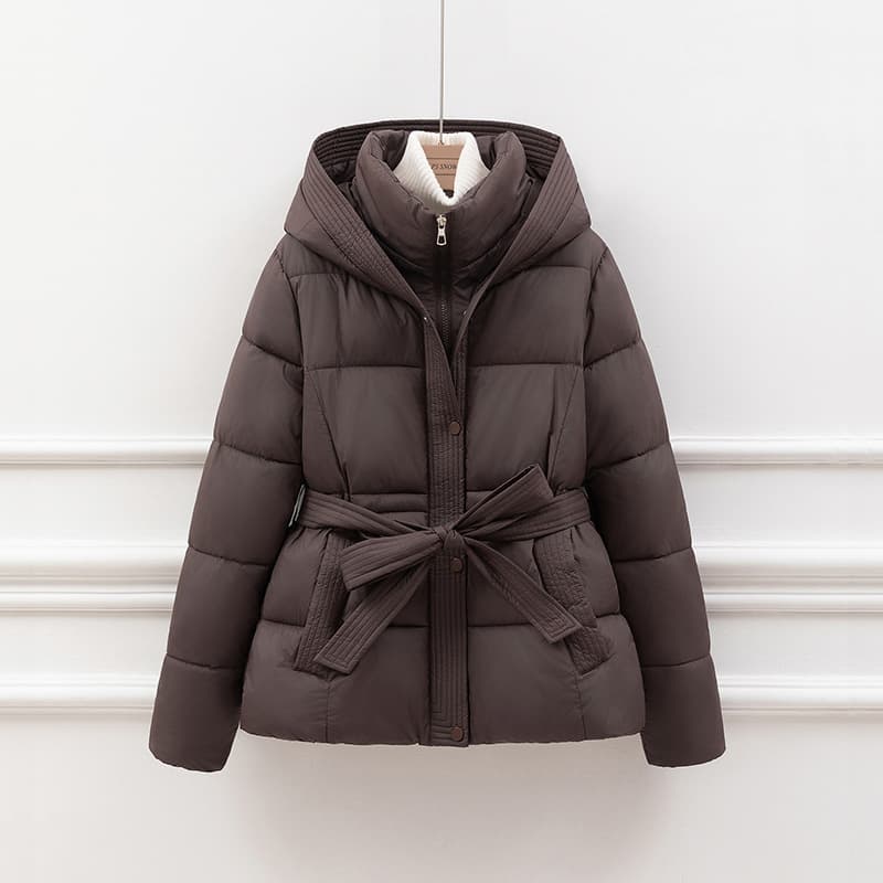 Waist-Tightening Slim Fit Hooded Tie Winter Coat New Korean Style Thickened Cotton Jacket Short for Women