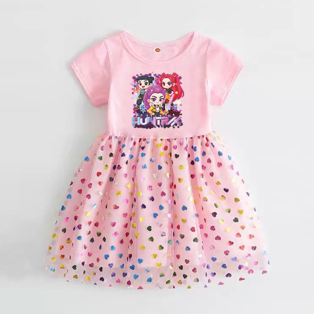 K-POP Kids Demon Slayer Girl Group Summer Short Sleeve Princess Dress Children's Dress Girls Cute Mesh Skirt