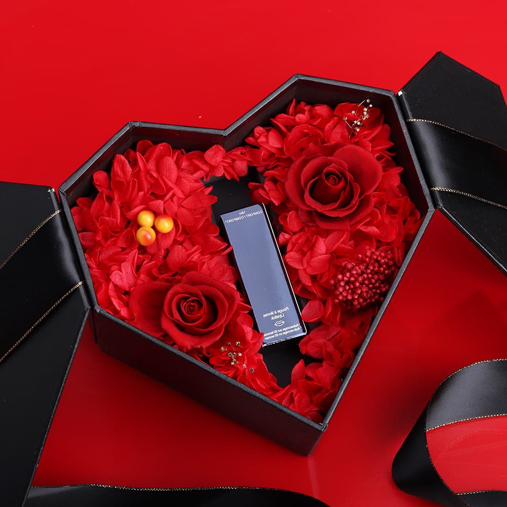 Everlasting flower lipstick gift box 520 lipstick gift box, heart-shaped bow double-open gift box Valentine's Day lipstick gift box