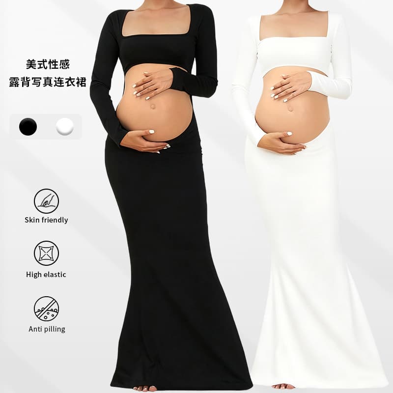 European and American Cross-Border Maternity Photo Shoot Clothing Elastic Maternity Dress Fishtail Skirt Cut-Out Back Exposed Belly Floor-Length Skirt for Women