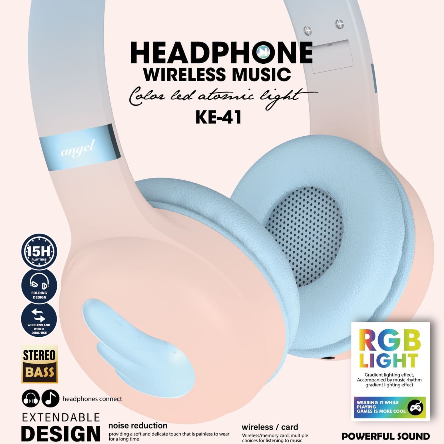 Cross-border popular head-mounted Bluetooth headset KE-41 gradient color angel wings RGB ambient lighting effect wireless headset