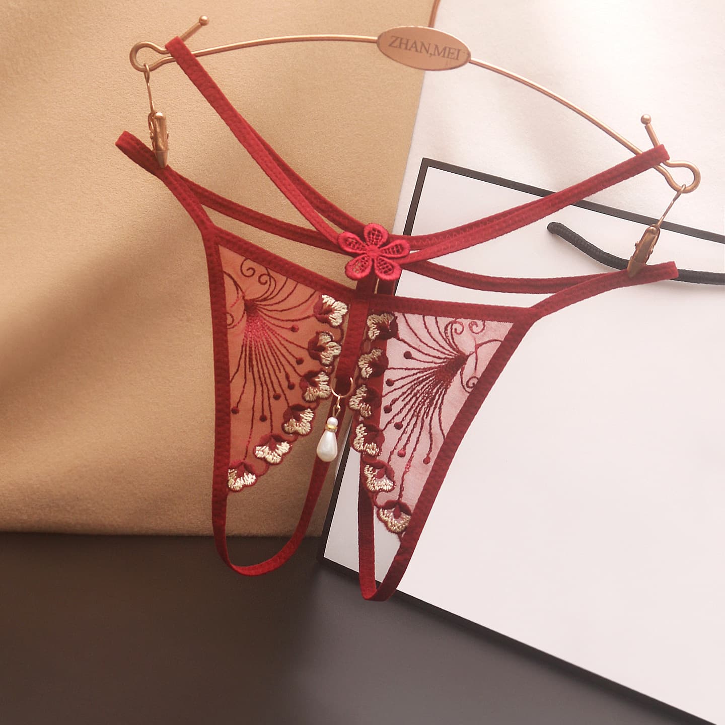 Low-Rise Transparent Sexy Lace Embroidery Open-Crotch Panties with Pendant T-Back 2254