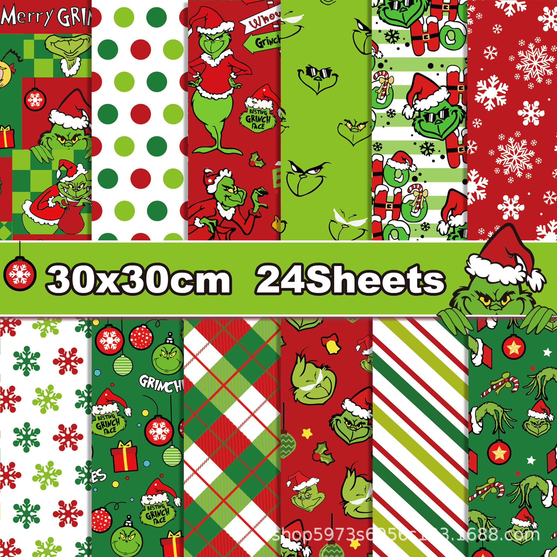 WW044 Grinch Green Monster Cartoon Christmas Scrapbook Paper, Cut-out Card Making Background Paper
