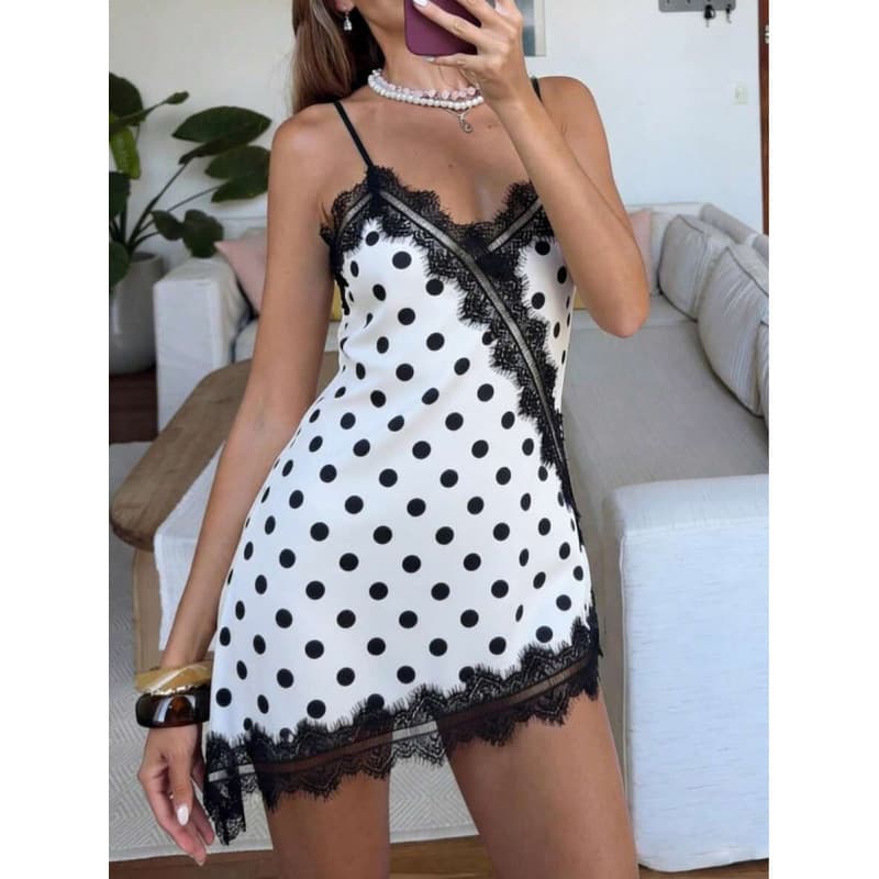 Amazon Cross-Border European Summer Elegant Retro Contrast Polka Dot Print Lace Patch Design Camisole Dress
