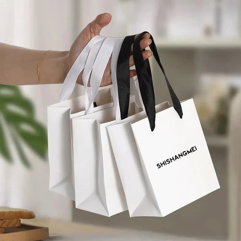 Custom Mini Shopping Paper Bags with Ribbon Handles for Jewelry, Gift Wrapping Paper Bags Factory