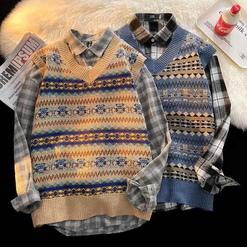 2022 autumn and winter retro outer wear French lazy style loose sleeveless sweater forest style Korean version vest knitwear