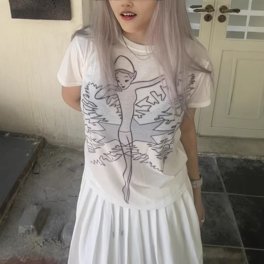 Current - Correct Version Korean 2026 New Slim Fit Artistic Ballet Girl Fairy Pattern Short Sleeve T-Shirt Top