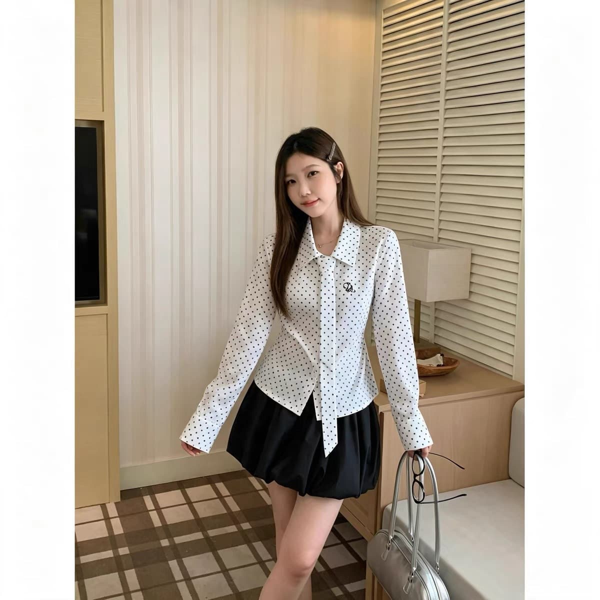 Premium Unique Polka Dot Ribbon Shoulder-Padded Long-Sleeve Blouse for Women, New Spring/Fall Style, Youthful and Elegant Slimming Top