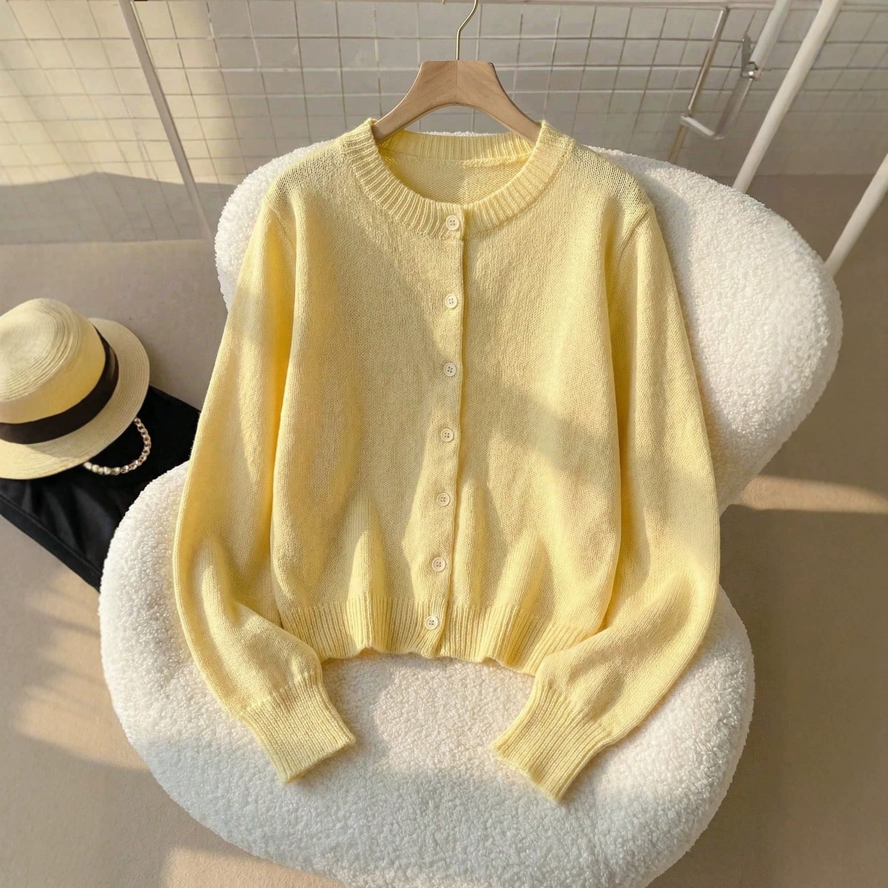 Cross-border wholesale summer new European and American style French cream yellow knitted long-sleeved sweater coat
