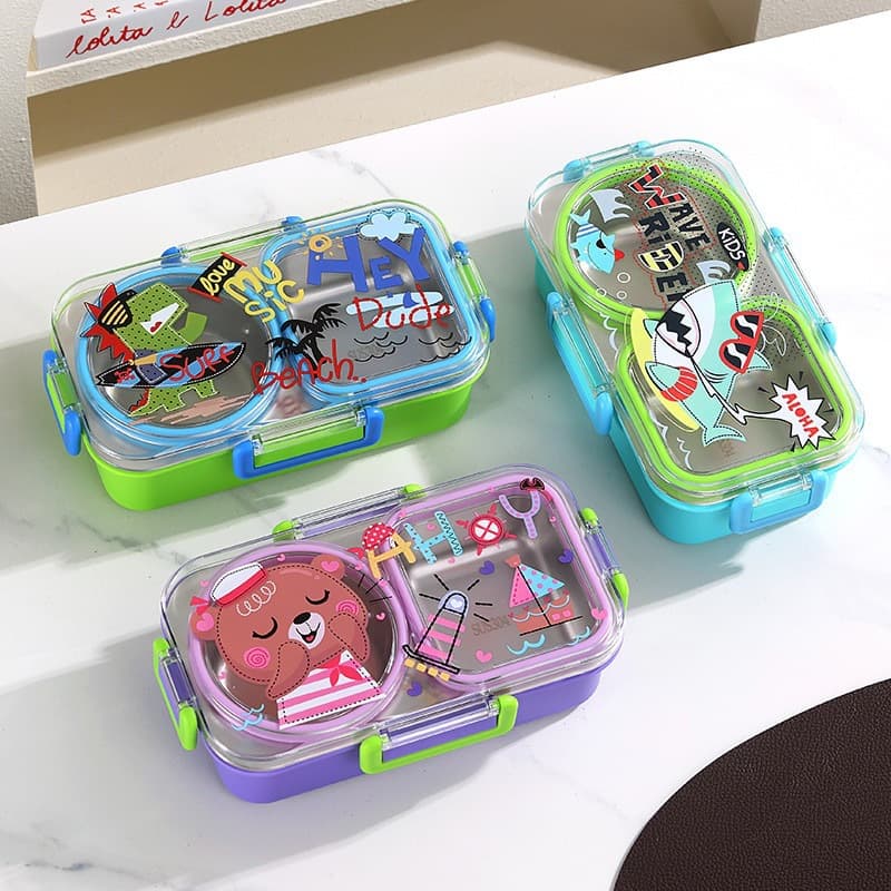 Portable Stainless Steel Cartoon Sealed Lunch Box Bento Box with Cutlery, Leak-Proof, Compartment, for Office Workers, Cross-Border Meal Box