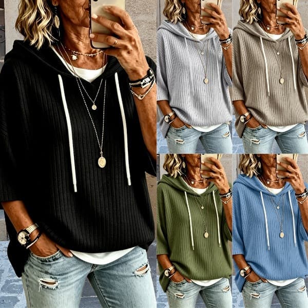 2026 Fall European and American Cross-Border New Women's Loose Three-Quarter Sleeve Hooded Drawstring T-Shirt Ribbed Sweatshirt for Women