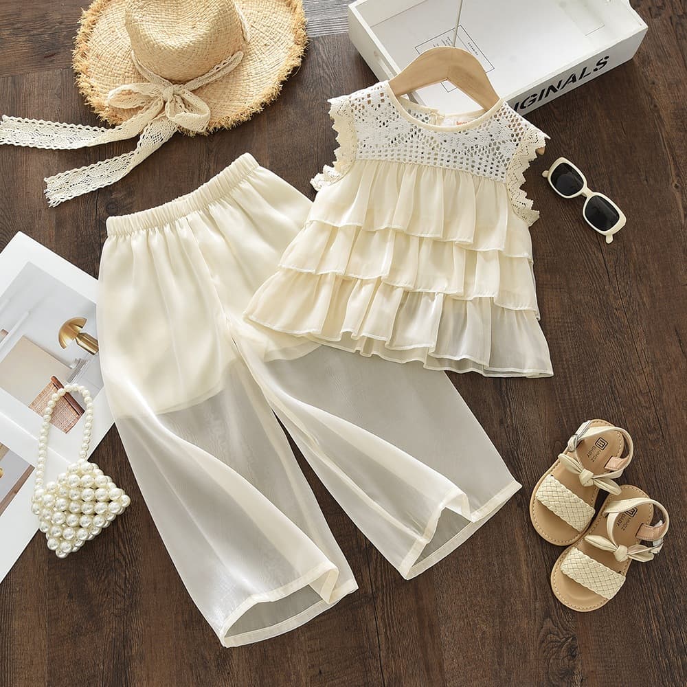 Girls Summer Clothing Set 2026 Children's Summer Clothes Baby Girl Lace Sleeveless Vest Wide Leg Pants Two-piece Set