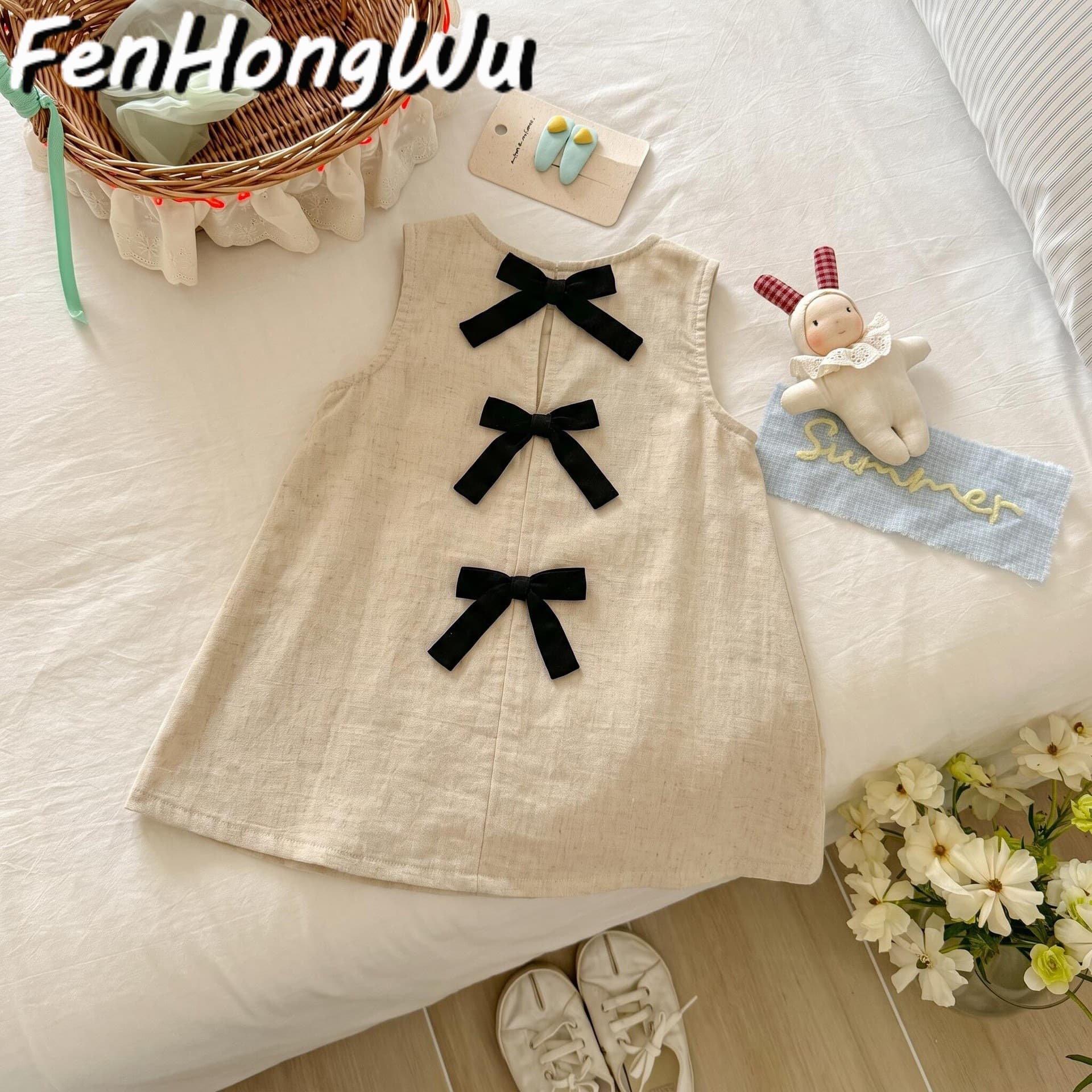 FHW girl childhood summer new retro bow dress baby girl casual comfortable sweet vest dress trendy