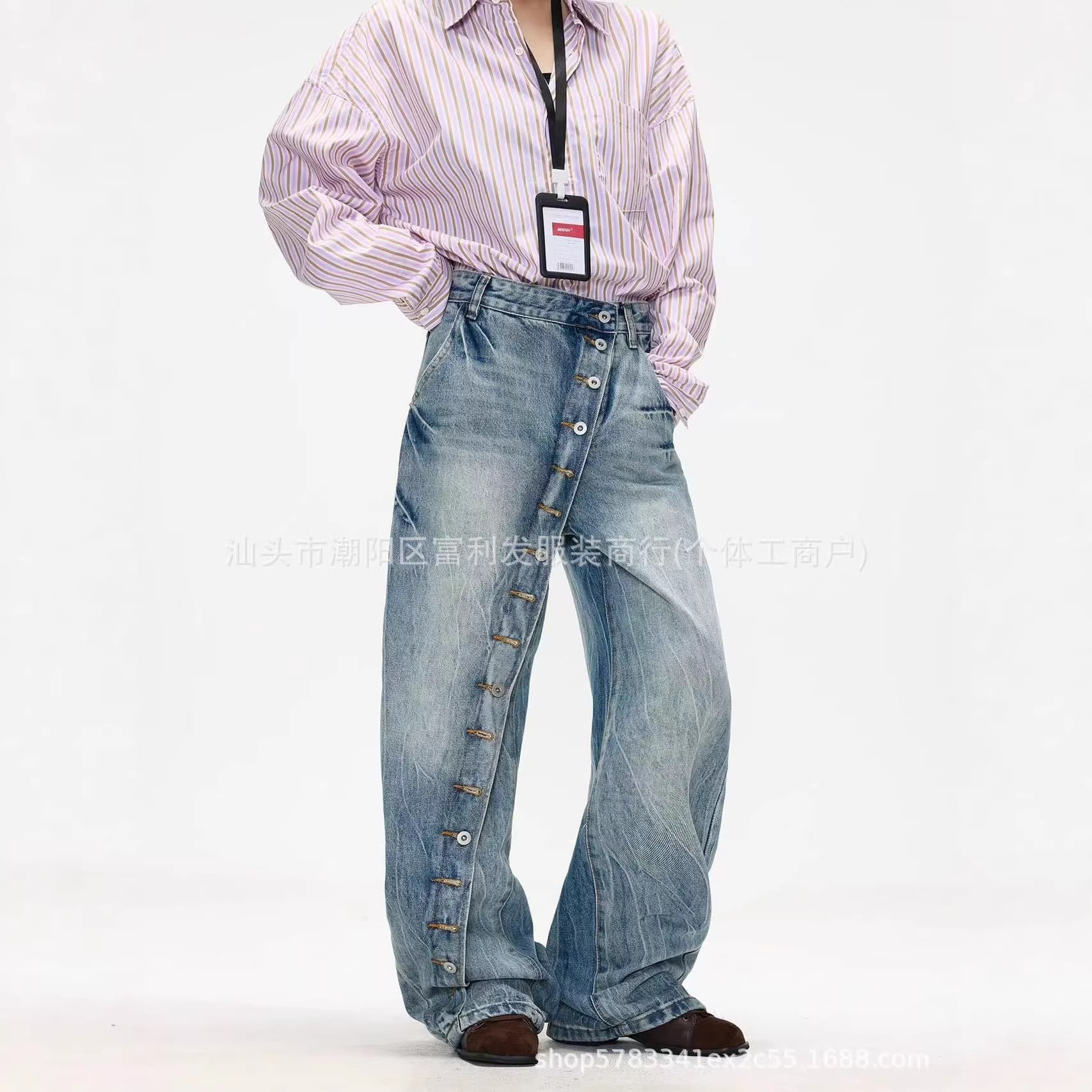 American High-Street Multi-Button Design Wide-Leg Jeans, Spring New Arrival, High-Waist Loose Fit, Slimming and Versatile Straight-Leg Pants