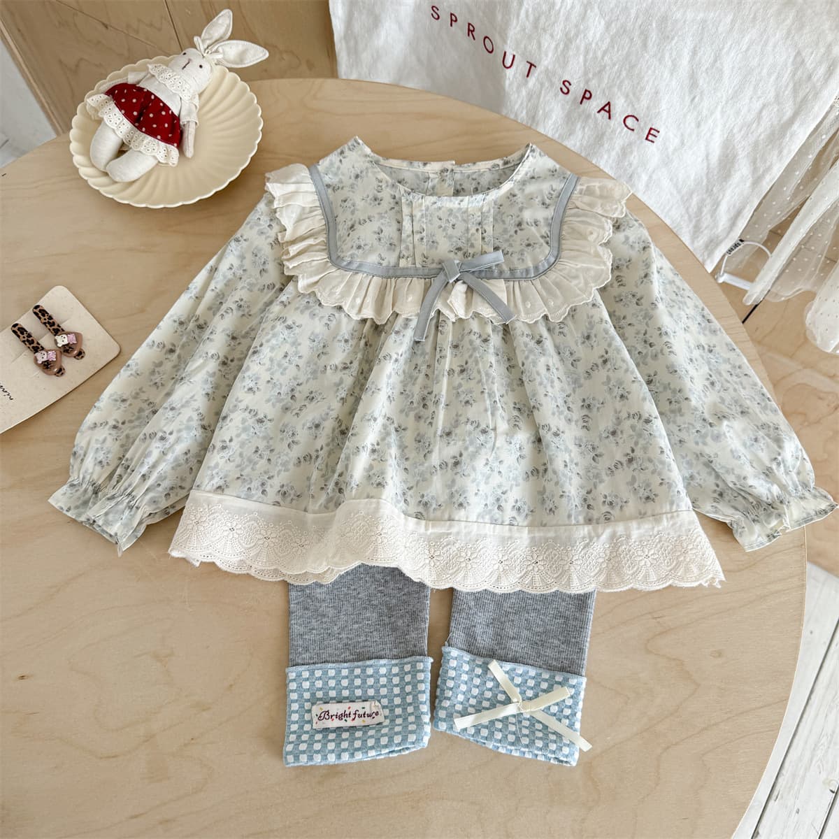 Girls' Set 2026 New Spring/Autumn Kids' Stylish Ruffle Long-Sleeve Floral Shirt with Leggings Two-Piece Set