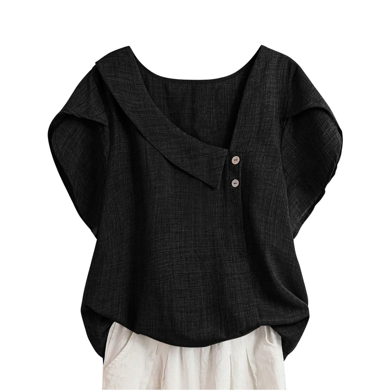 Women's Small Oblique Collar Pure Color Large Size Linen Button Petal Sleeve Short Sleeve Shirt Top Fashionable Slim Fit Style