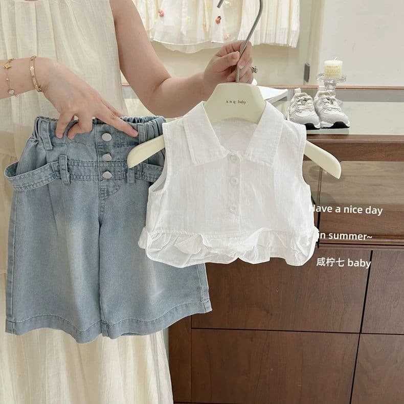 Korean style girls' suit, new summer style sleeveless shirt, children's top, sweet baby doll shirt, jeans cotton