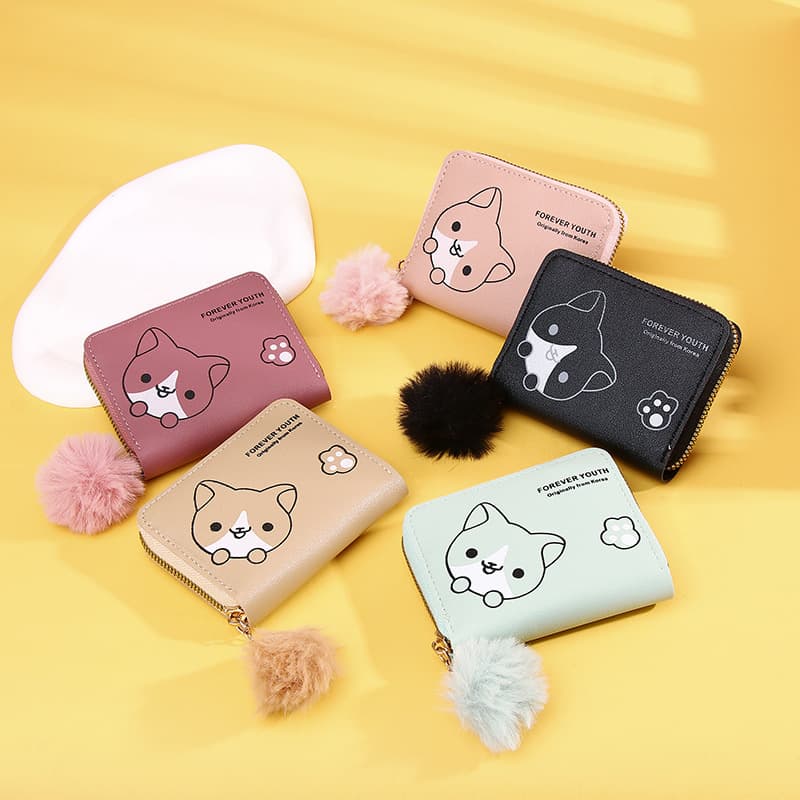 Cross-border 2026 new women's wallet short cartoon cute mini zipper wallet girl furry ball coin purse