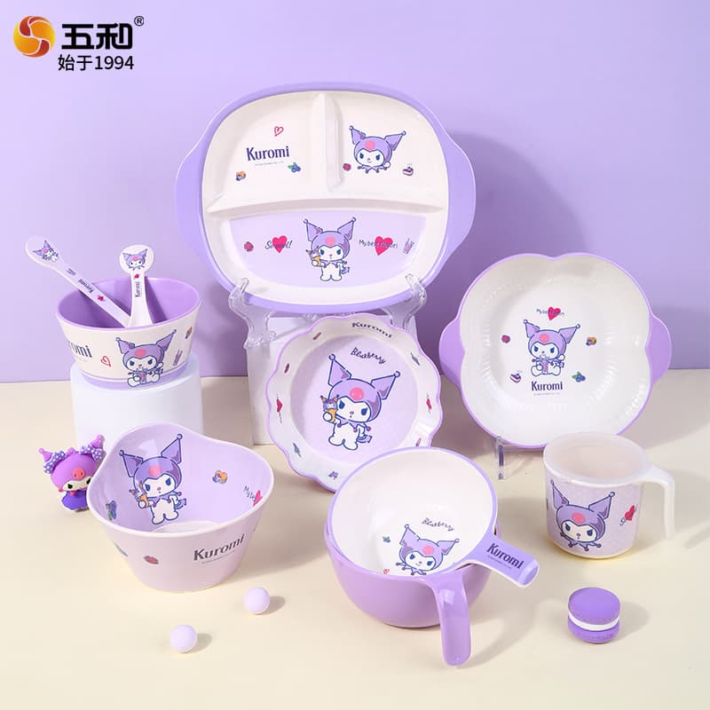 Wuhe Kuromi Melamine Tableware Sanrio Licensed Anti-scald Cartoon Children's Bowl, Plate, Spoon, Water Cup, Multi-compartment Tray