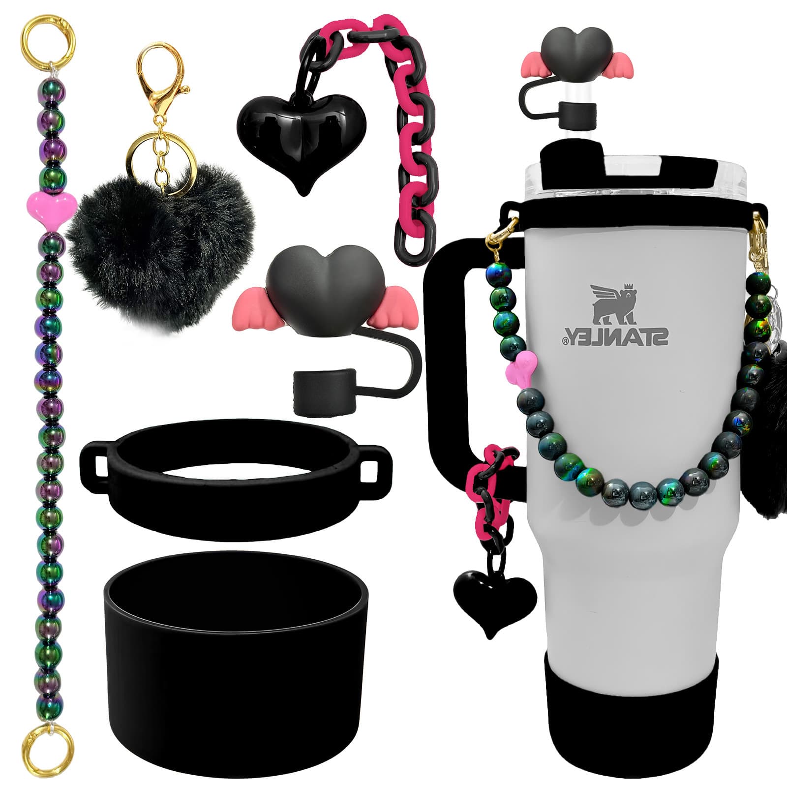 Stanley Cup Heart Chain Bow Straw Decoration, Beads Handle Strap, Silicone Cup Sleeve, Pom Pom Charm