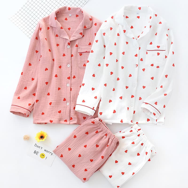 Pure Cotton Sleepwear Set for Women with Collar Long Sleeve Long Pants Home Clothes Set Spring Summer Autumn Cute Little Heart Pattern