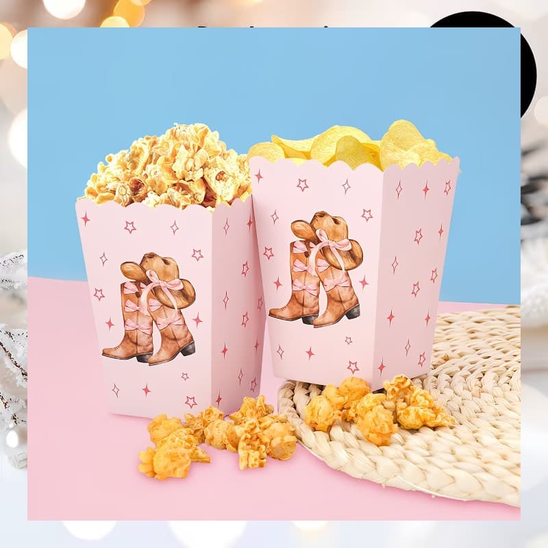 12 pink cowgirl themed popcorn boxes, cowboy boot shaped candy cartons, birthday party snack boxes