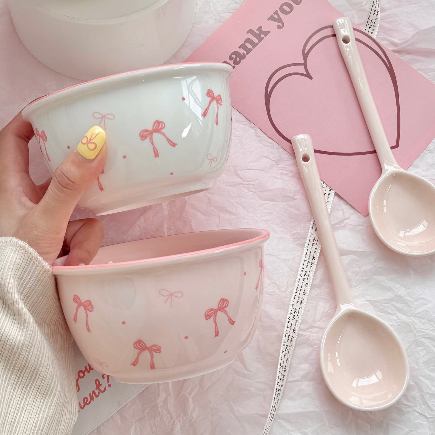 Pink Ins-style Bow Ceramic Dinnerware Set, Noodle Bowls, Rice Bowls, Plates, Underglaze Color, Beautiful and Feminine