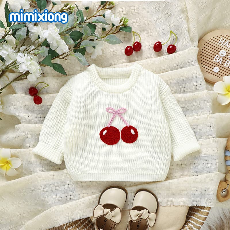 Amazon Hot Selling Autumn/Winter New Baby Knitted Hand-Crochet 3D Cute Bow Cherry Baby Girl Sweater