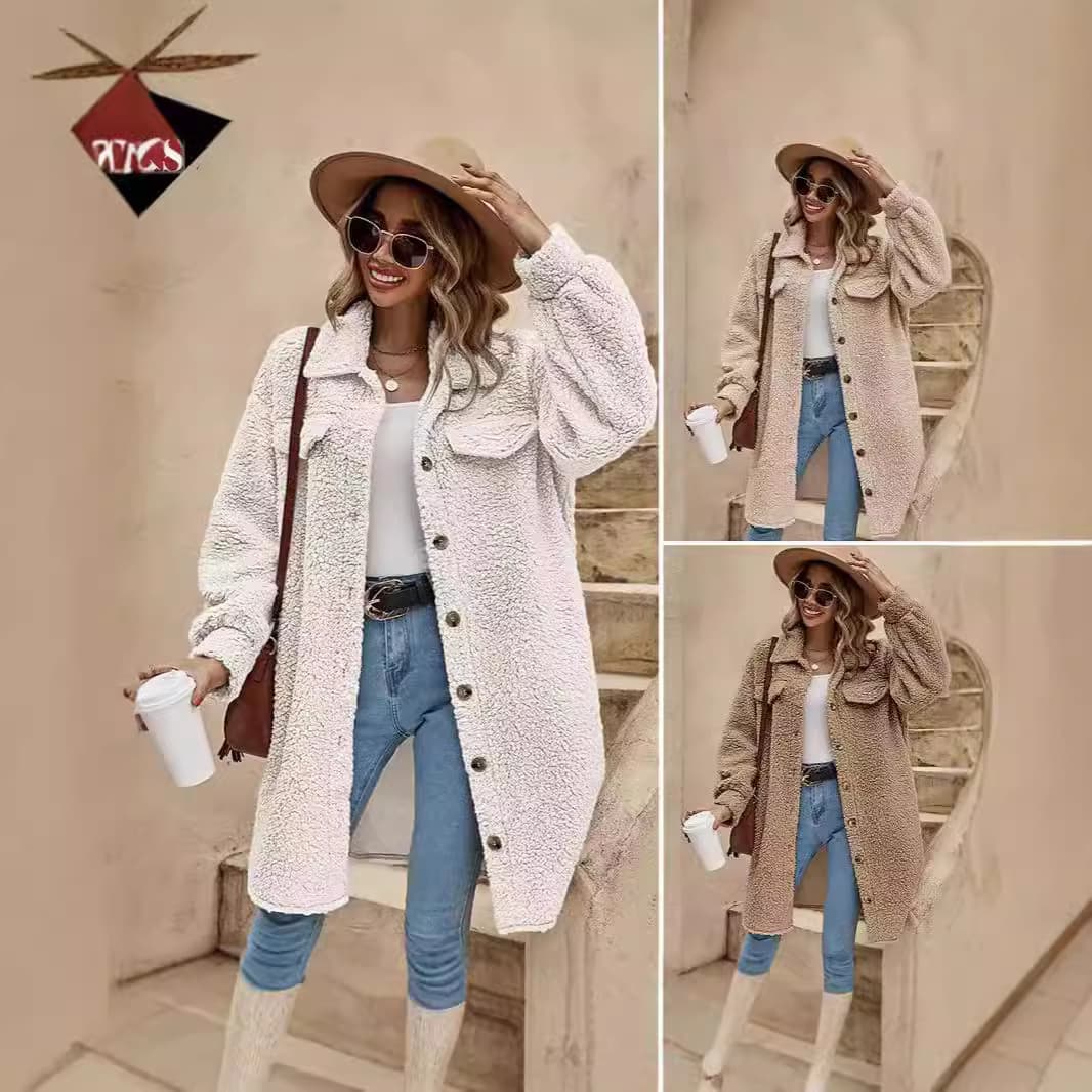 2024 Cross-Border Amazon New European and American Winter Button-Down Lapel Fleece Coat Loose Elegant Long Coat for Women