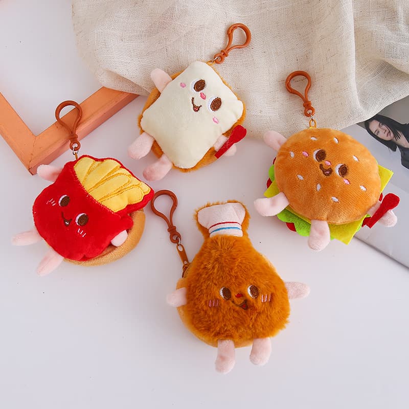 Creative Cartoon Toast Hamburger Coin Purse Plush Fun Food Keychain Coin Storage Key Ring