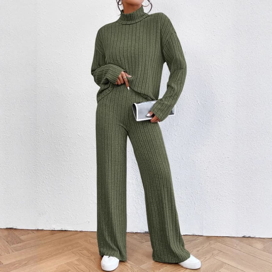 Cross-border Europe and America 2025 Fall/Winter Casual High-Neck Knitted Long-Sleeve Set Women's Export Sweatshirt Loose Pants Two-Piece Set