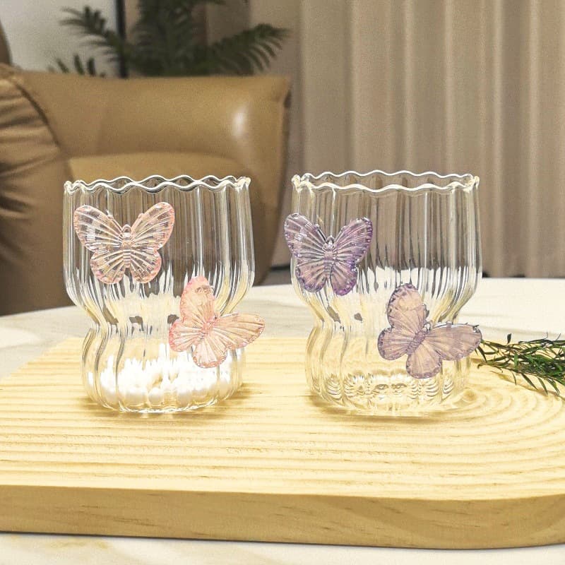 Handcrafted 3D Butterfly Glass Cup Creative Striped Coffee Cup Petal Cup Striped Cup Milk Cup Gift
