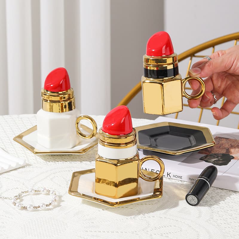 Creative Ceramic Lipstick Coffee Cup and Saucer Set, Cross-Border Espresso Cup Set, Afternoon Tea Ceramic Coffee Cup and Saucer Set