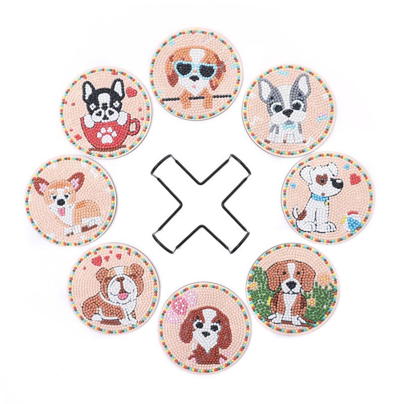 Best-selling 5D Handmade DIY Wooden Diamond Painting Heat-Resistant Non-Slip Coaster with Stand - Cute Dog Design