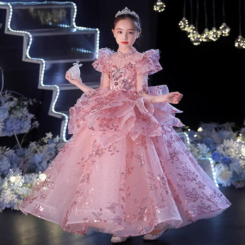 Girls' Formal Party Dress Puffy Tulle Flower Girl Wedding Piano Performance Dress Princess Gown Catwalk Stylish