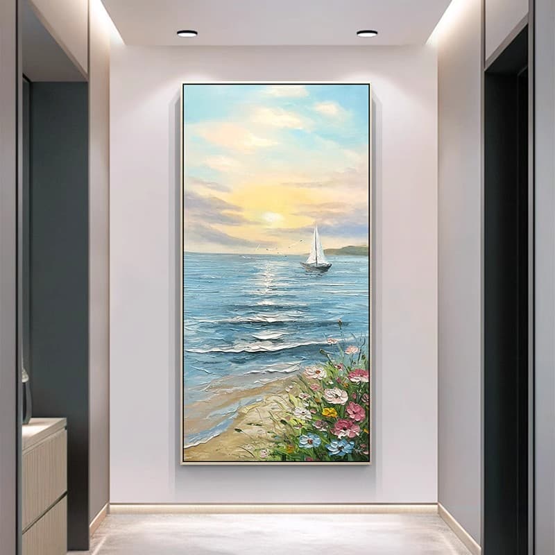 Hand-Painted Oil Painting Modern Minimalist Foyer Decor, Vertical Smooth Sailing Corridor Passage Hanging with 3D Seascape Mural