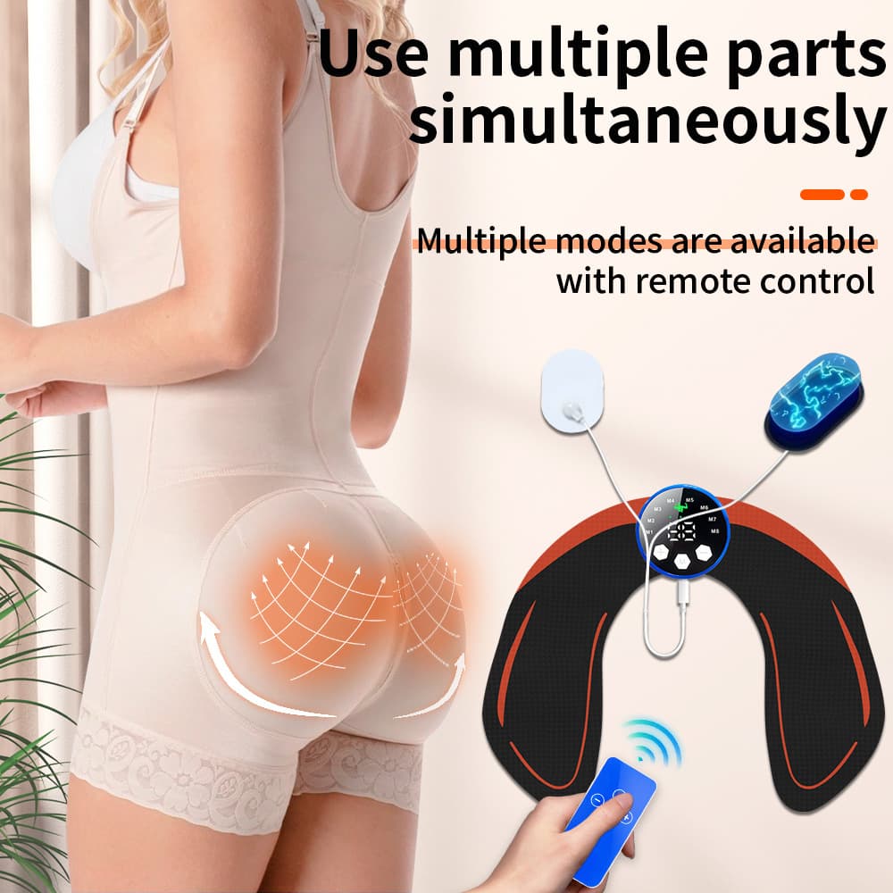 New rechargeable remote control butt massager with 8 modes, 29 levels, dual output, fitness physique, buttock pad, and EMS massage function.