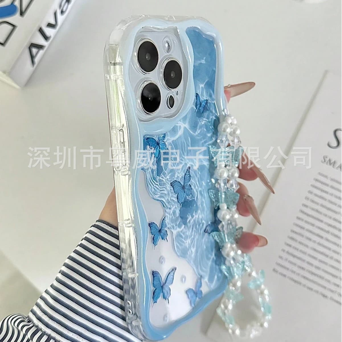Blue Butterfly Wave Compatible with 17PM Phone Case Wrist Strap 16 Plus Cream Pattern 15 Simple 14/13/12 Transparent 11 New