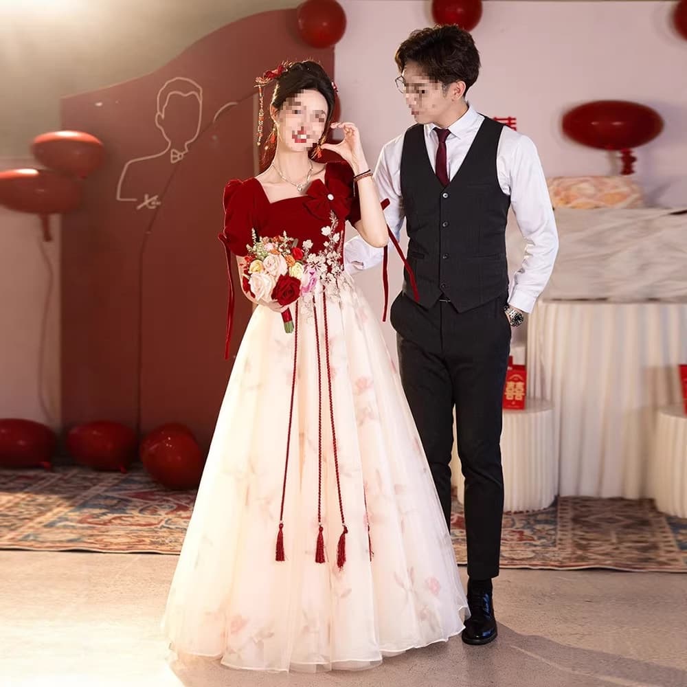 Plus Size Wedding Toast Dress 2025 New Design Bride Engagement Evening Gown Women's Fitted Short Sleeve Wine Red