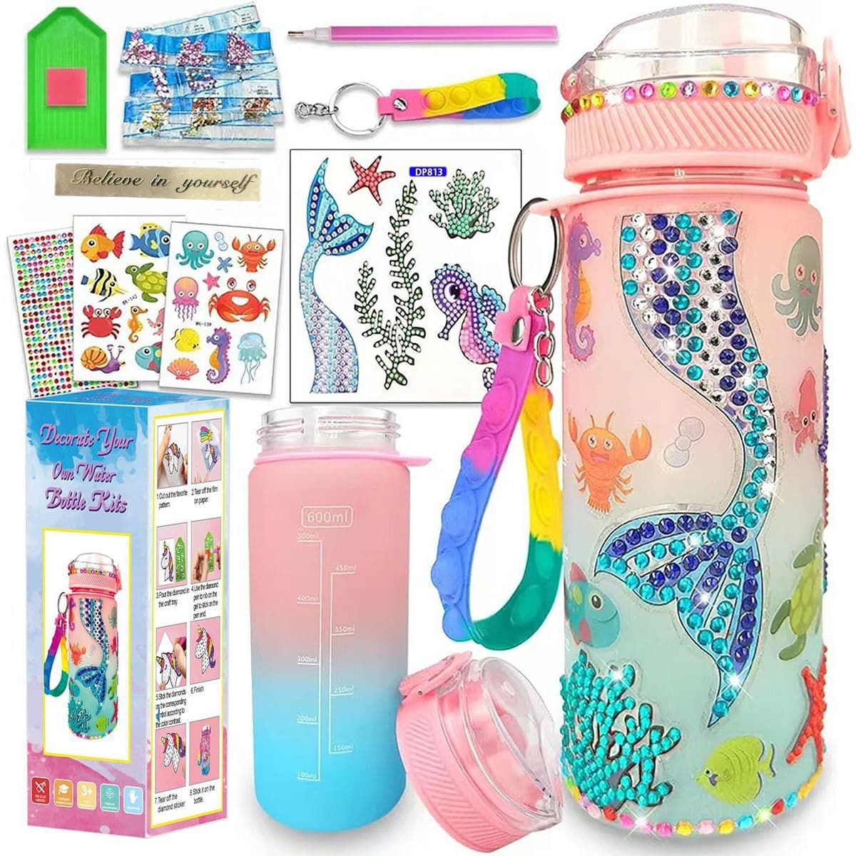 Cross-border Hot-selling Kids Water Bottle Cartoon Diamond Painting Stickers 5D Unicorn Mermaid DIY Kids Water Bottle Gift