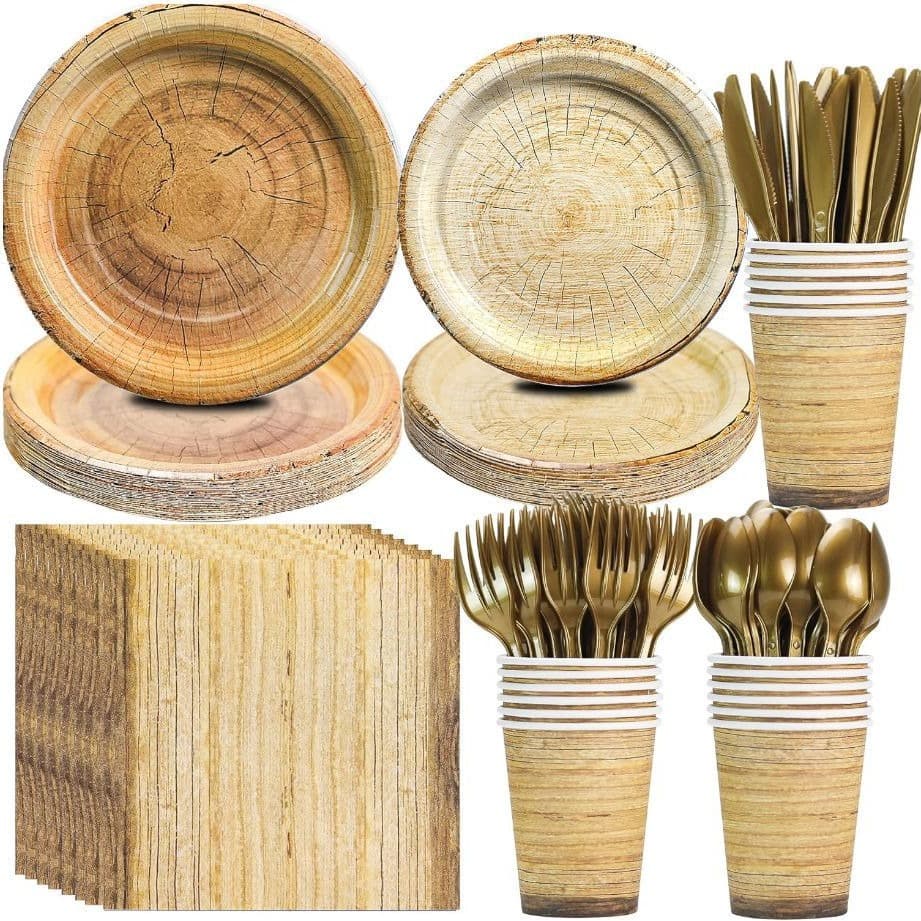 Rustic Wood Grain Party Tableware Set - Lumberjack Camping Hunting Theme Decor, Disposable Paper Plates, Napkins, Tablecloth
