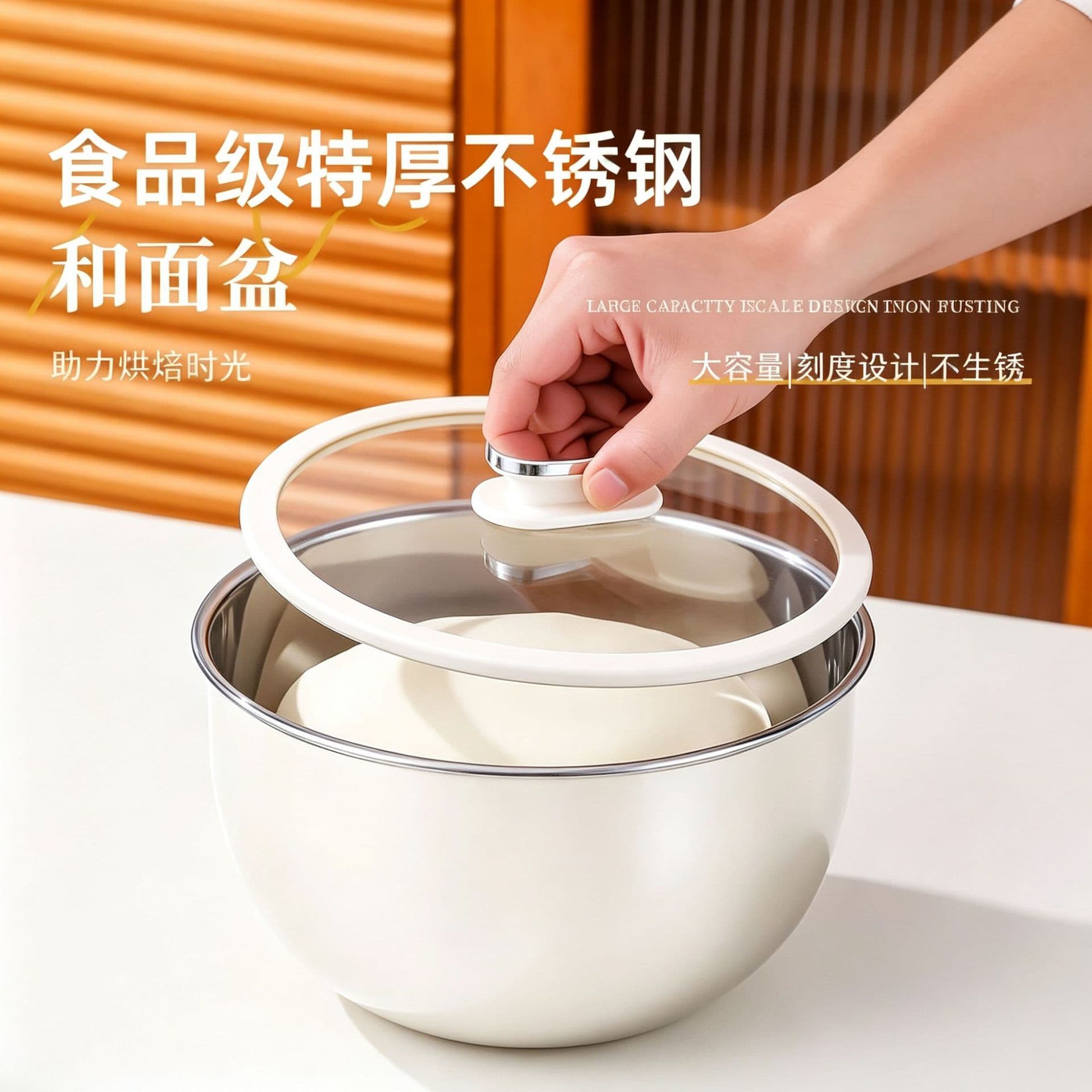 Stainless steel and basin with dustproof cover, home baking, whipped cream, dough basin, fruit and vegetable cleaning deep basin