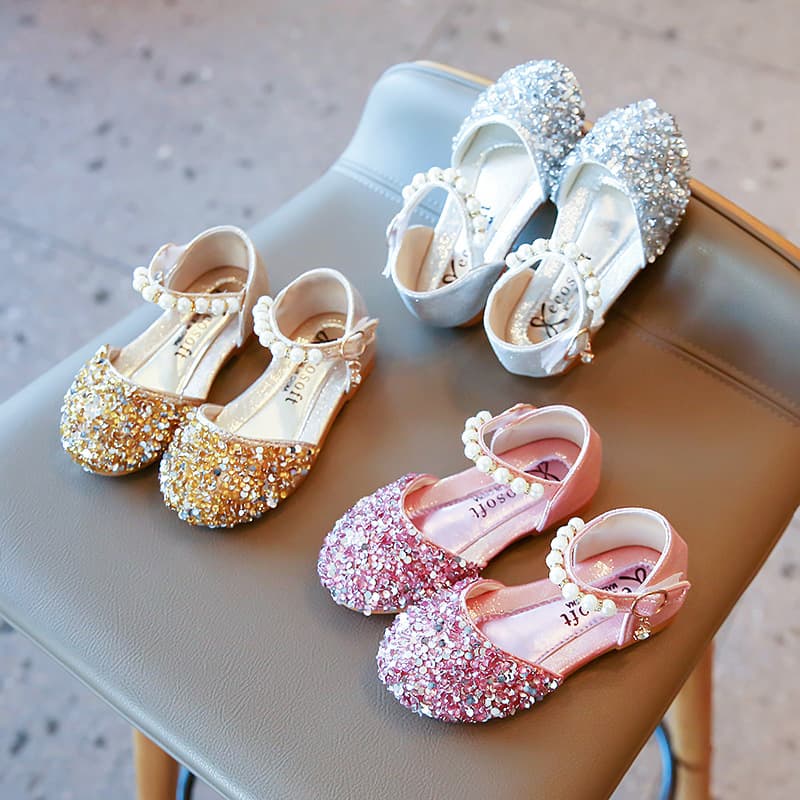 2026 Spring and Summer New Girls' Leather Shoes Korean Style Baby Princess Shoes Children's Casual Shoes Sequin Shoes Pearl Dance Shoes
