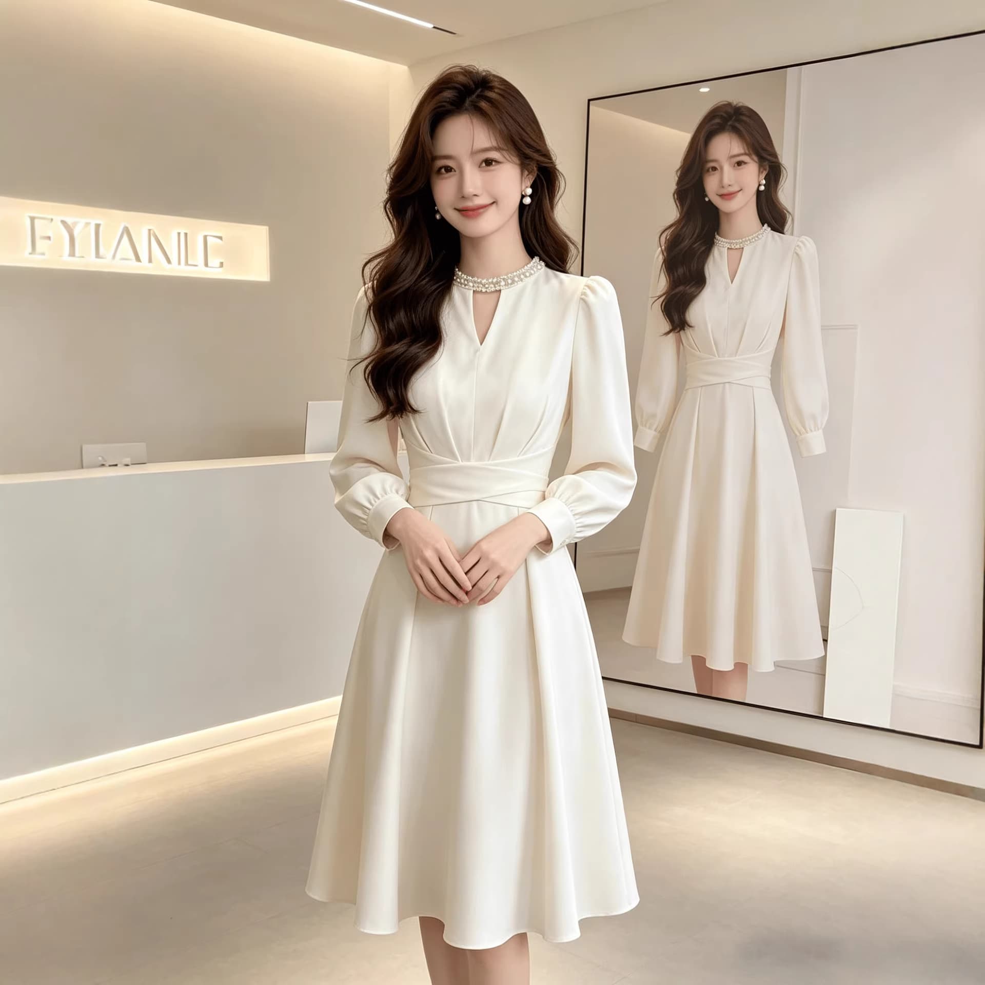 French Chic Elegant Beaded Waist-Cinching Long-Sleeve Acetate Satin Dress Premium Stylish Young Lady Evening Gown