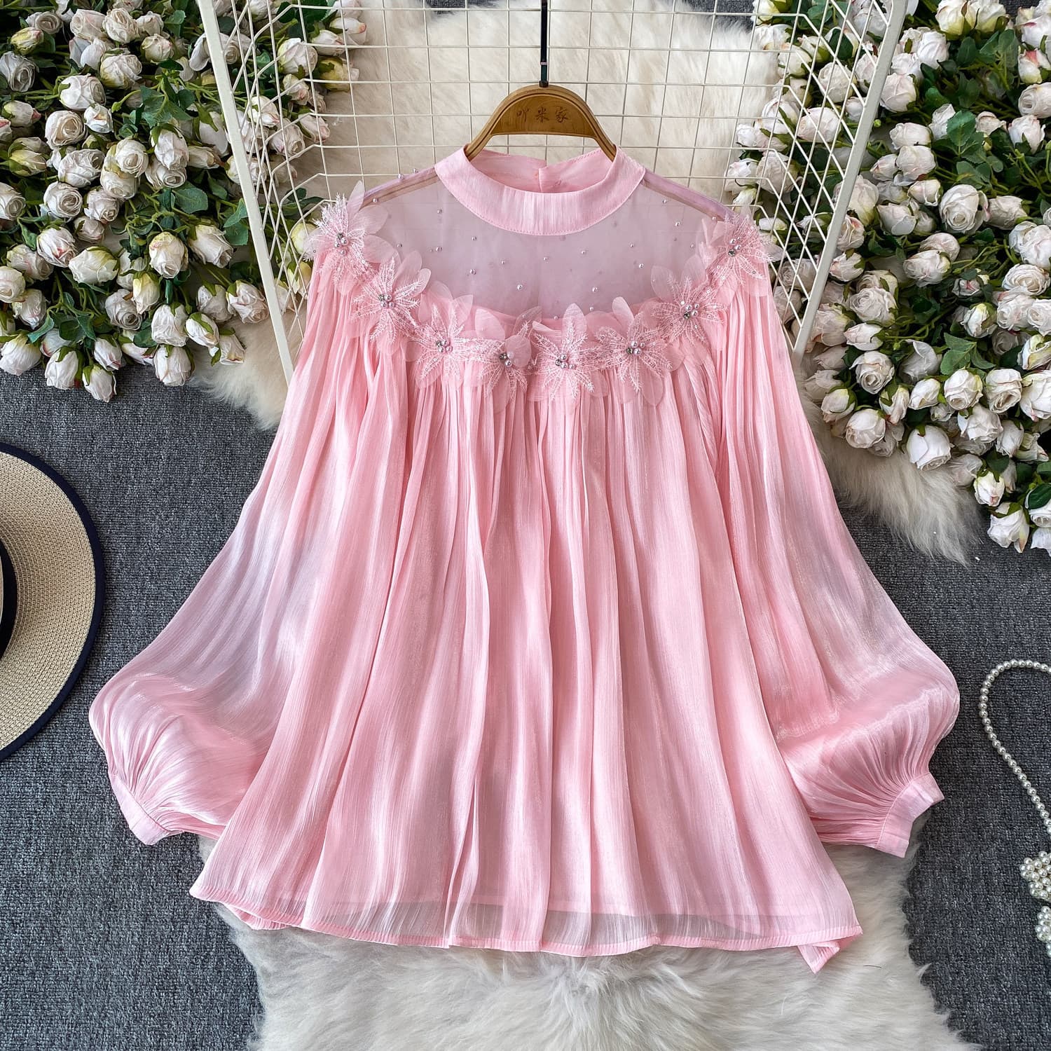 2026 Amazon Independent Site 3D Floral Crew Neck Lantern Sleeve Shirt Sexy Elegant Pearl Mesh Blouse