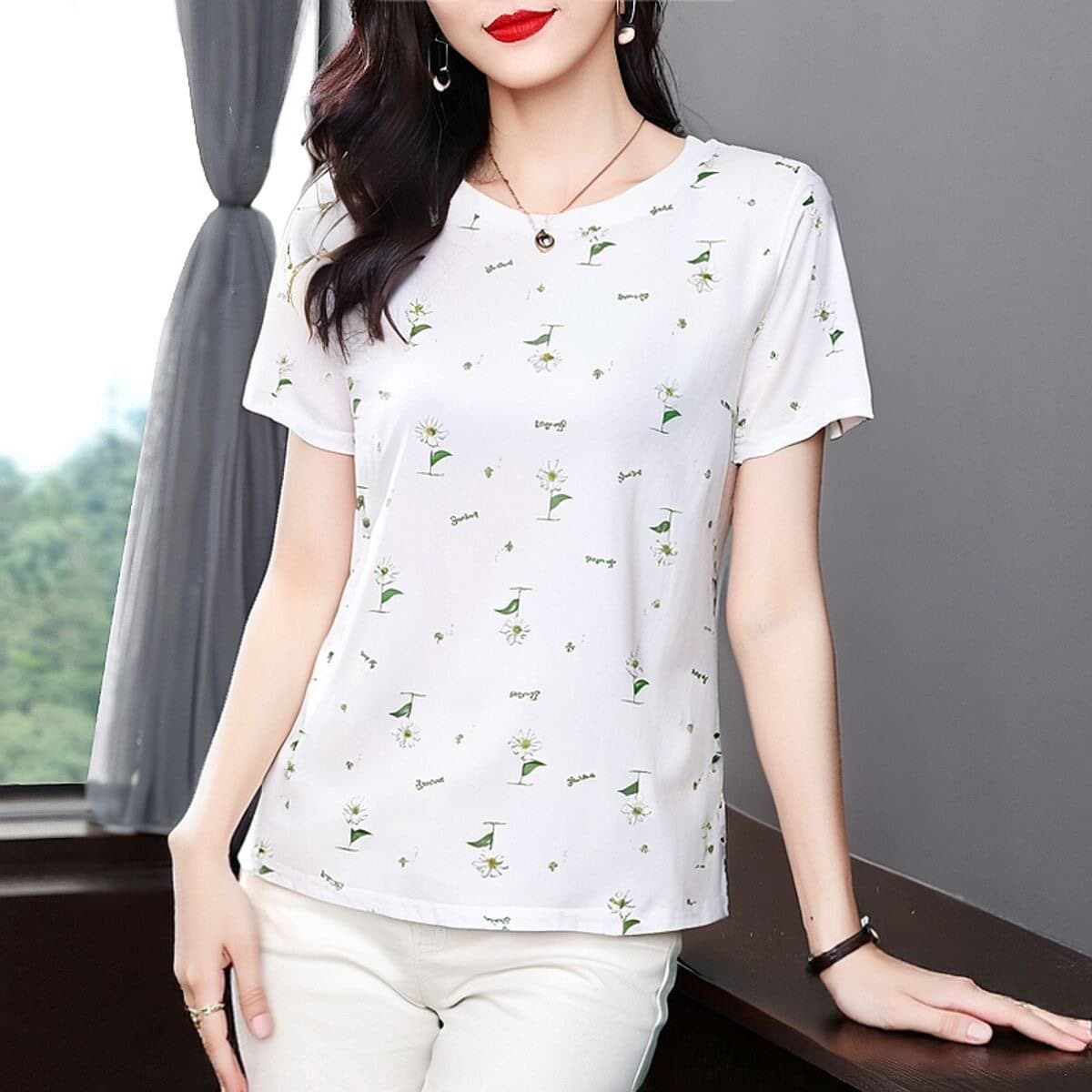 Cross-Border Foreign Trade Mother's Clothing White Printed Short-Sleeved T-Shirt Women's Loose Round Neck Versatile Slimming Middle-Aged Women's Top