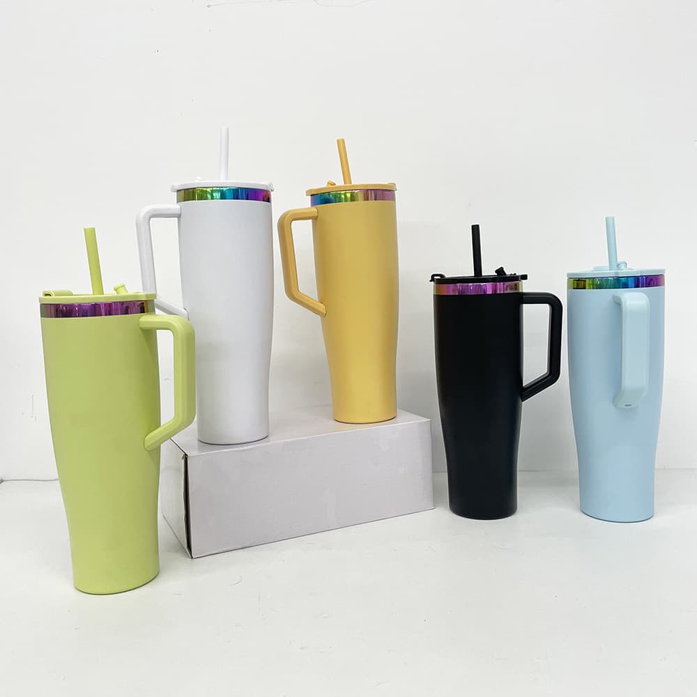 Meoky's New Waist-Shaped Straw Insulated Cup with Rainbow Ion Gradient Electroplating, Large Capacity Stainless Steel Ice Cup