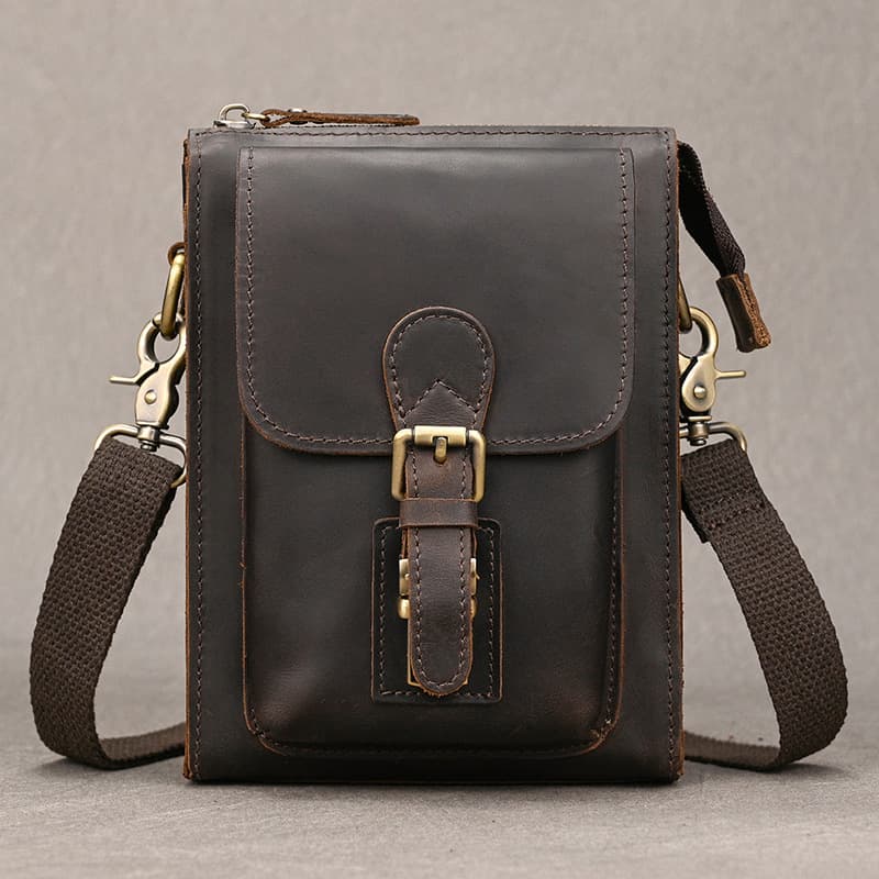 Men's Single Shoulder Bag Crazy Horse Leather Genuine Leather Phone Bag Small Men's Crossbody Square Bag Travel Crossbody Belt Waist Bag
