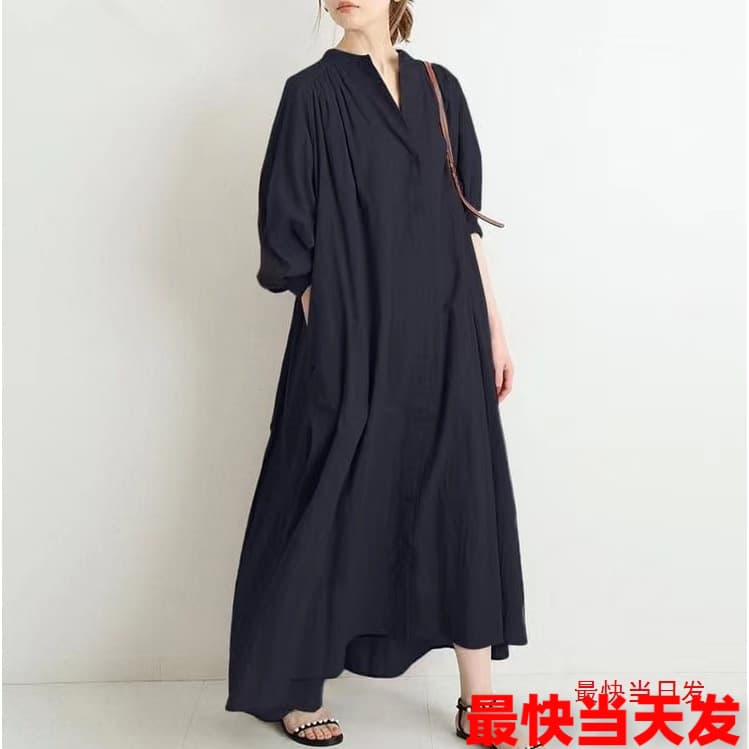 Loose large size shirt dress knee length cardigan cotton and linen bottoming shirt temperament long sleeves for women
